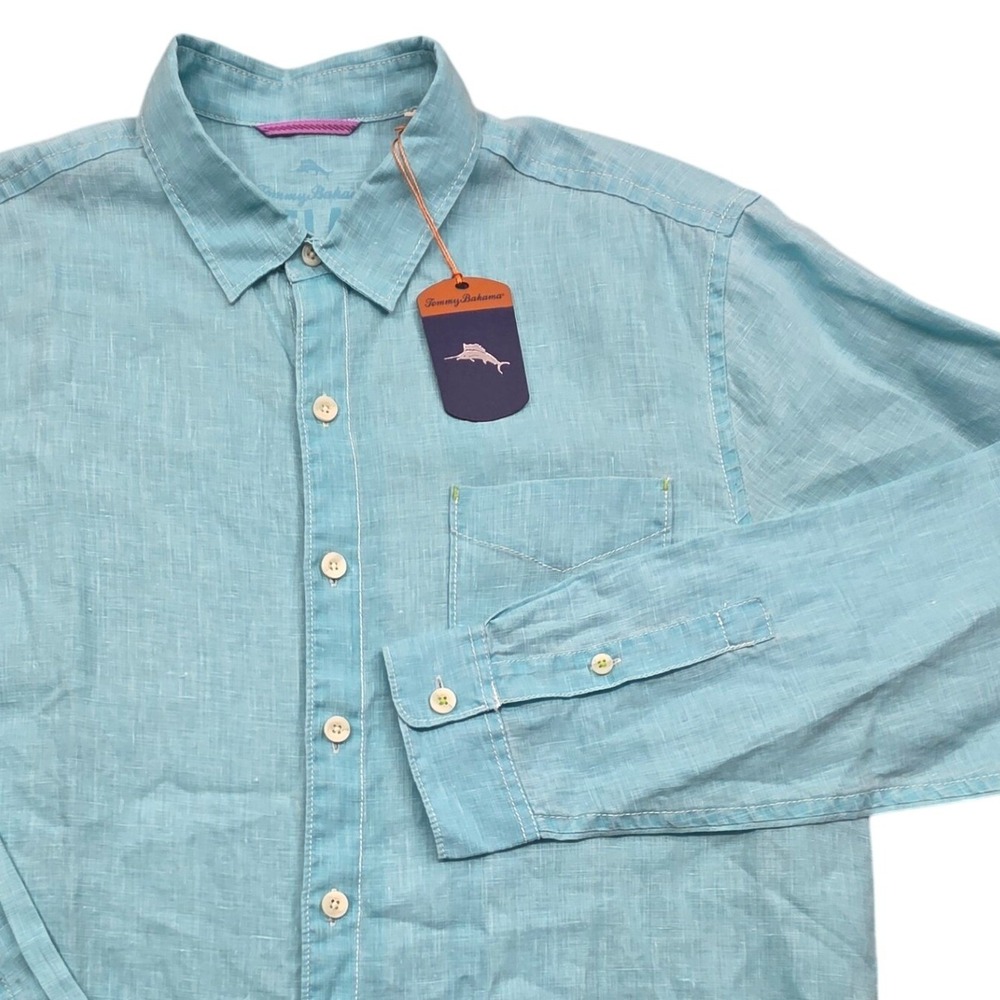 NWT Tommy Bahama Sea Glass Breezer Linen Long Sleeve Shirt Aqua Blue Mens Large
